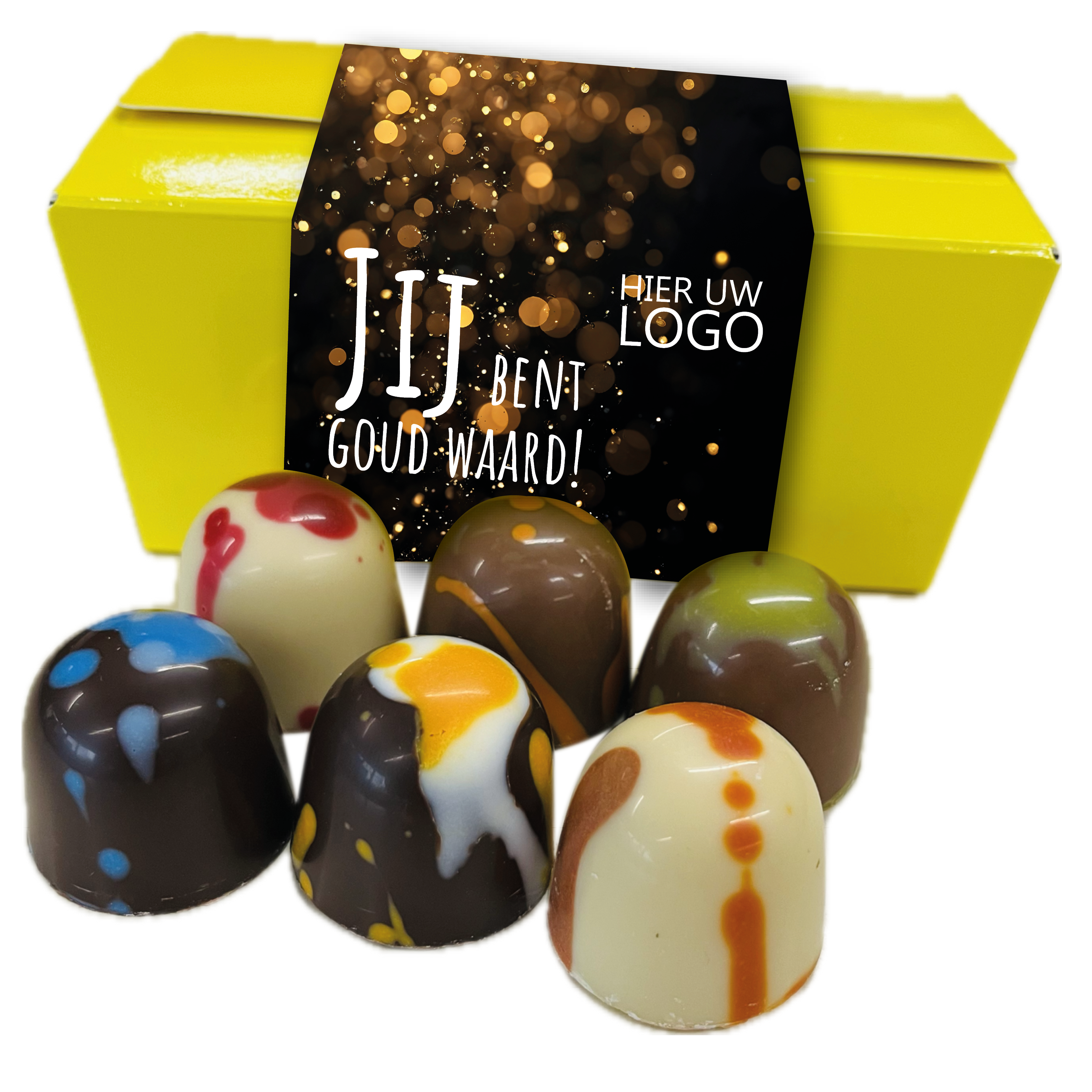 Vrolijk geschenkdoosje met 250 grams smaakmakers bonbons + banderol 